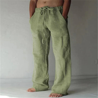 Pantalon homme – Lin respirant – Coupe ample – Jambe large – Taille à cordon