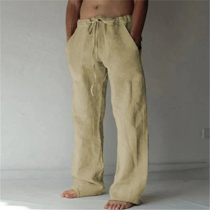 Pantalon homme – Lin respirant – Coupe ample – Jambe large – Taille à cordon