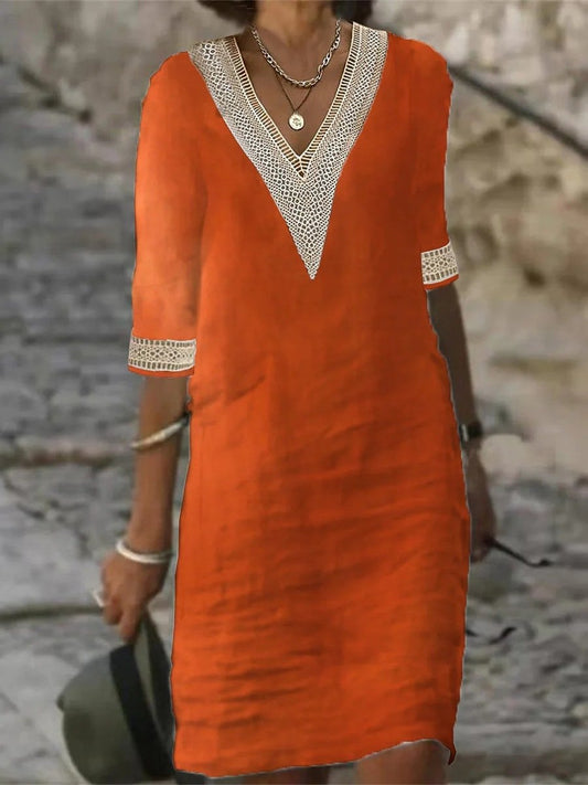 Robe femme décontractée – Coupe droite – Lin mélangé – Col V dentelle – Manches 3/4