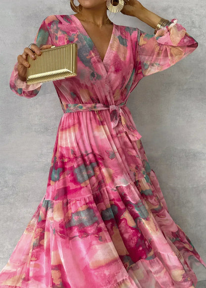 Robe longue femme – Manches longues – Décolleté en V – Ceinture ajustée – Tissu léger