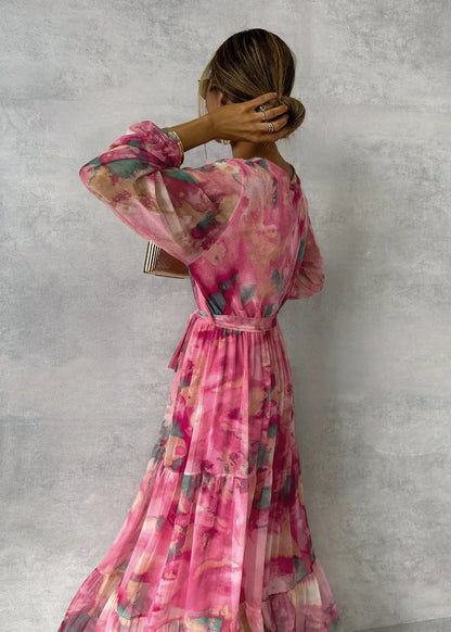 Robe longue femme – Manches longues – Décolleté en V – Ceinture ajustée – Tissu léger