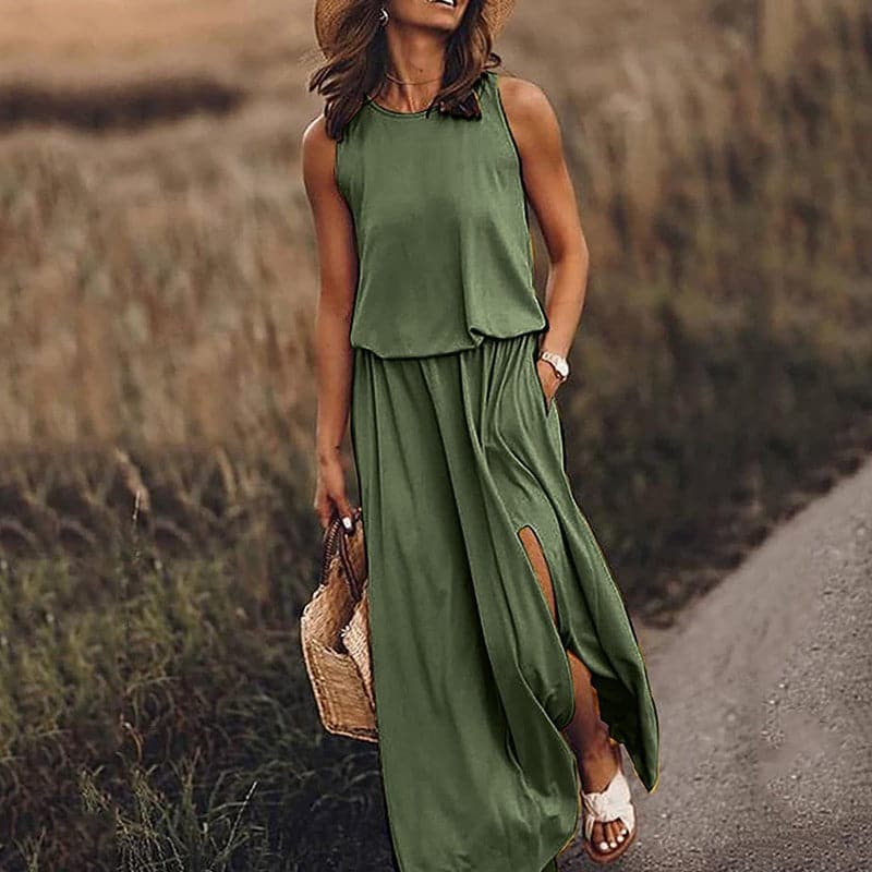 Robe longue femme – Coupe fluide bohème – Taille élastique – Sans manches fendue