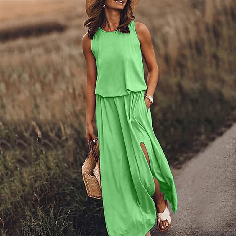 Robe longue femme – Coupe fluide bohème – Taille élastique – Sans manches fendue