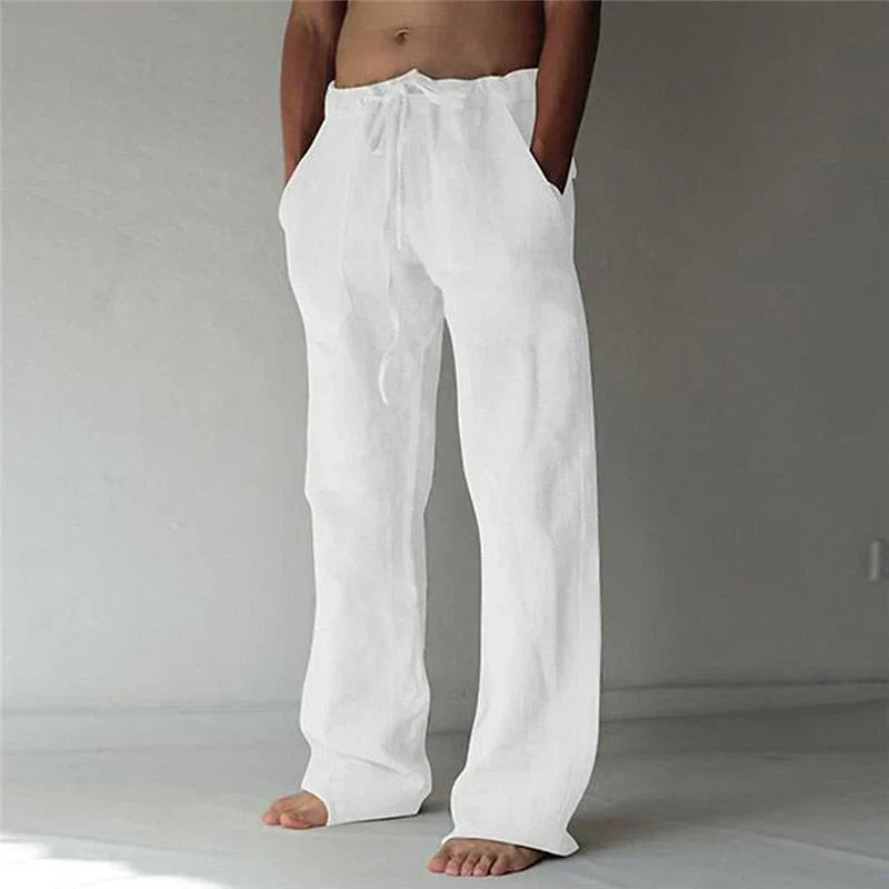 Pantalon homme – Lin respirant – Coupe ample – Jambe large – Taille à cordon